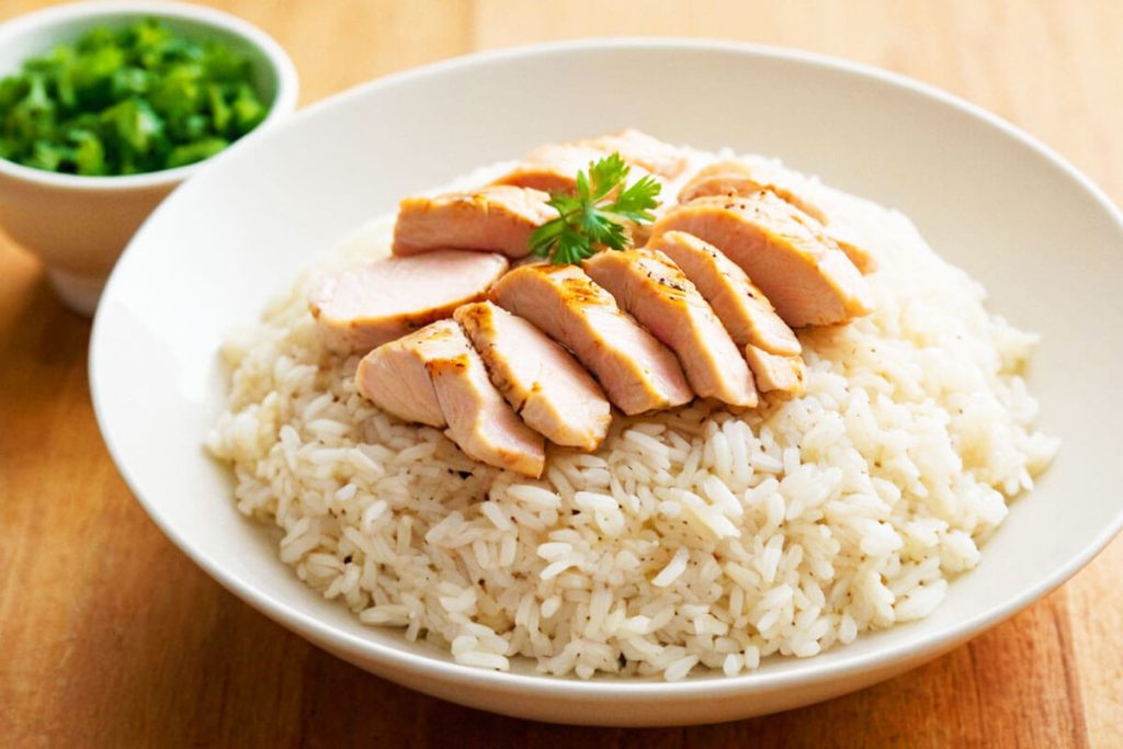A close-up photo of a beautifully plated dish with yellow rice and perfectly cooked pieces of seasoned chicken, garnished with fresh herbs and lemon slices.