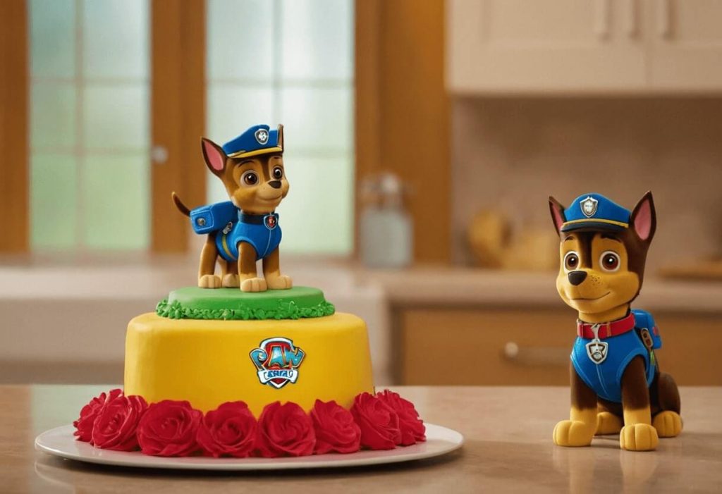 A vibrant Paw Patrol cake featuring Marshall, Chase, and Skye characters.