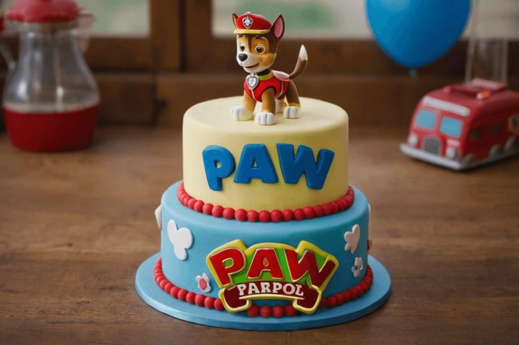 Expertly decorated Paw Patrol cake with fondant accents and vibrant colors.