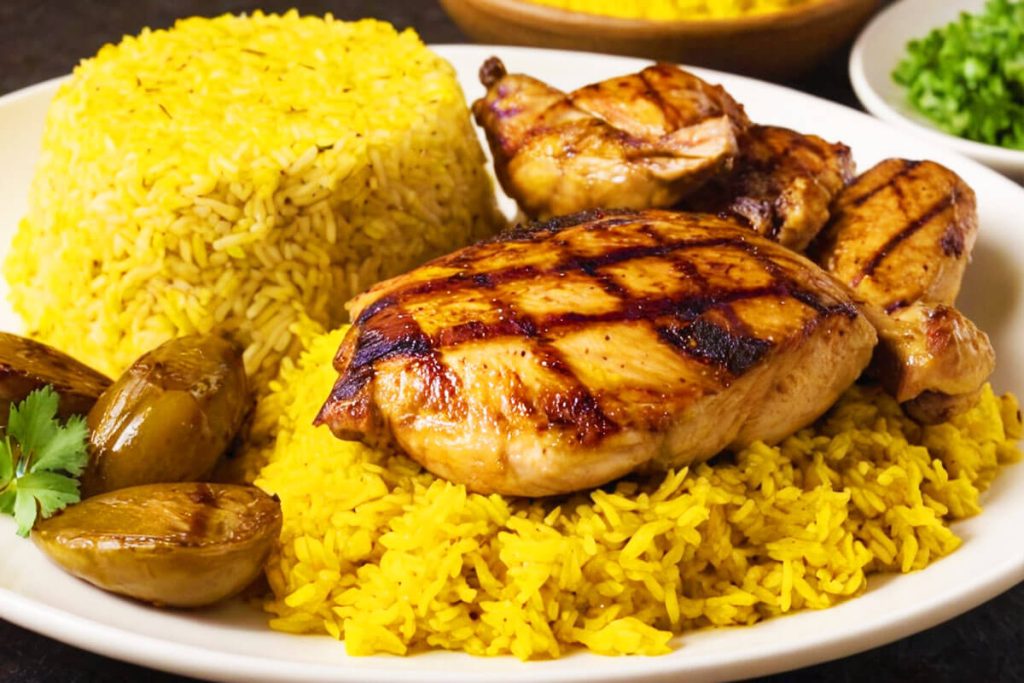 Grilled chicken slices on yellow rice with roasted vegetables.