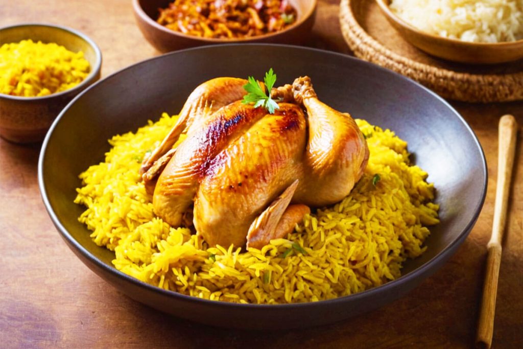 Illustration of a colorful plate of Chicken and Yellow Rice, surrounded by cultural symbols representing its origin and global influence.