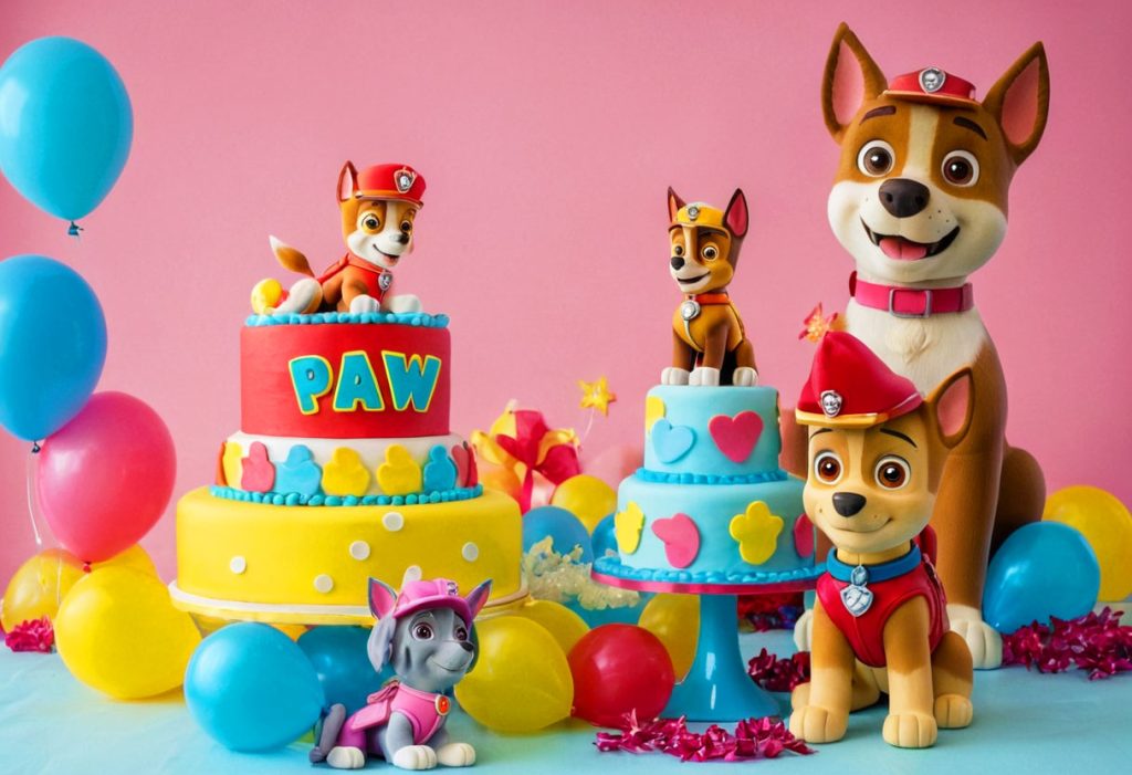 A close-up view of a Paw Patrol-themed cake decorated with fondant paw prints, bones, and colorful icing details.