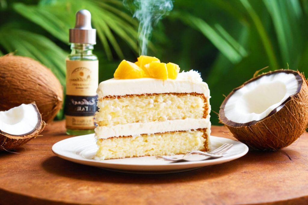 Digital illustration of coconut cake beside a vape device with aromatic vapor in a tropical setting.