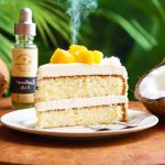 Digital illustration of coconut cake beside a vape device with aromatic vapor in a tropical setting.