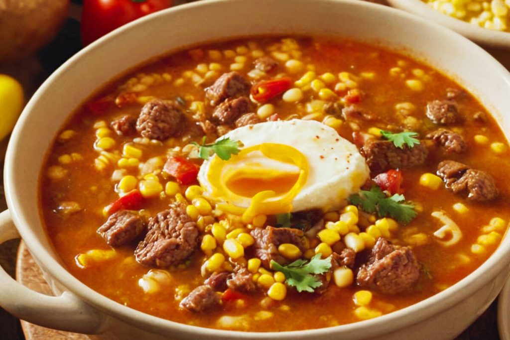 A steaming bowl of cowboy soup surrounded by fresh ingredients like ground beef, potatoes, corn, and bell peppers on a rustic wooden table.