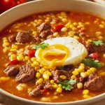 A steaming bowl of cowboy soup surrounded by fresh ingredients like ground beef, potatoes, corn, and bell peppers on a rustic wooden table.