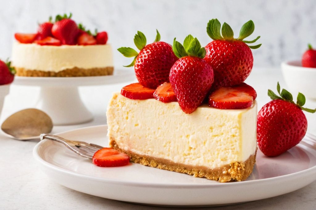 Step-by-step guide to preparing Strawberry Crunch Cheesecake, featuring a close-up of the creamy cheesecake mixture being spread over the crust.