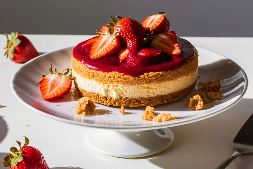 A beautifully presented Strawberry Crunch Cheesecake served on a white cake stand with fresh strawberry slices as garnish.