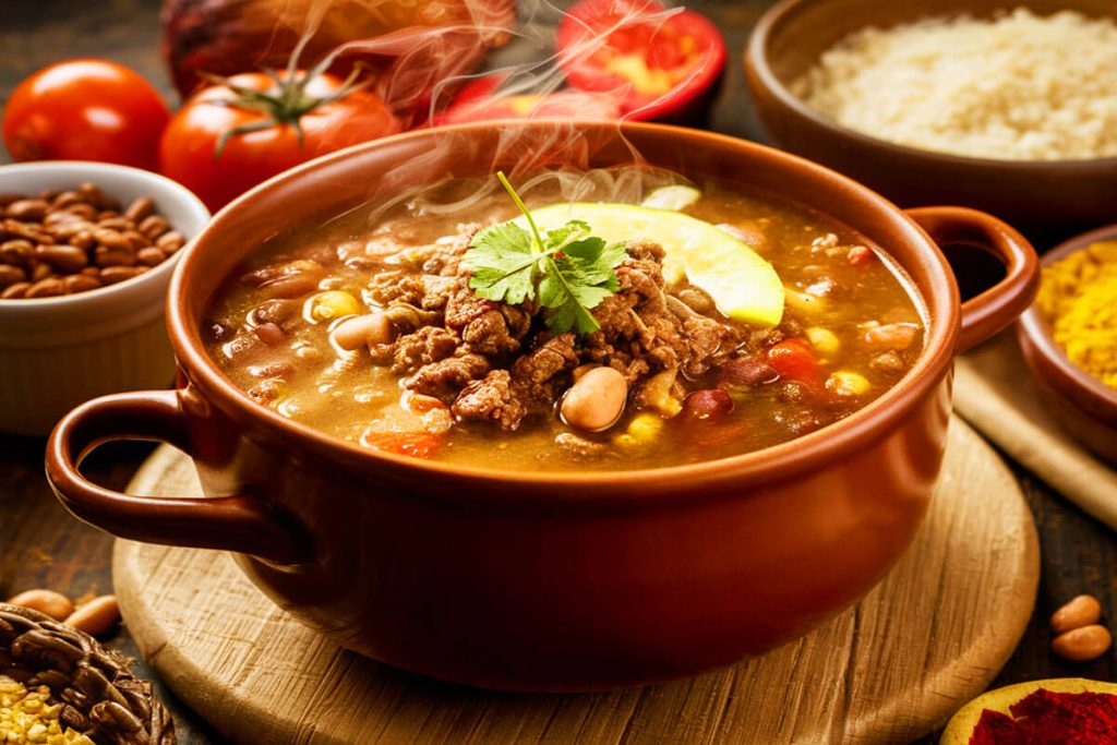 A colorful spread of cowboy soup variations, garnished with shredded cheese, tortilla chips, and fresh cilantro.