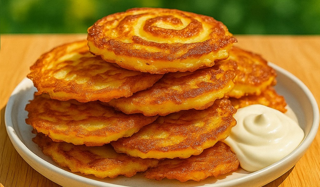 Crispy golden potato onion pancakes on a serving plate