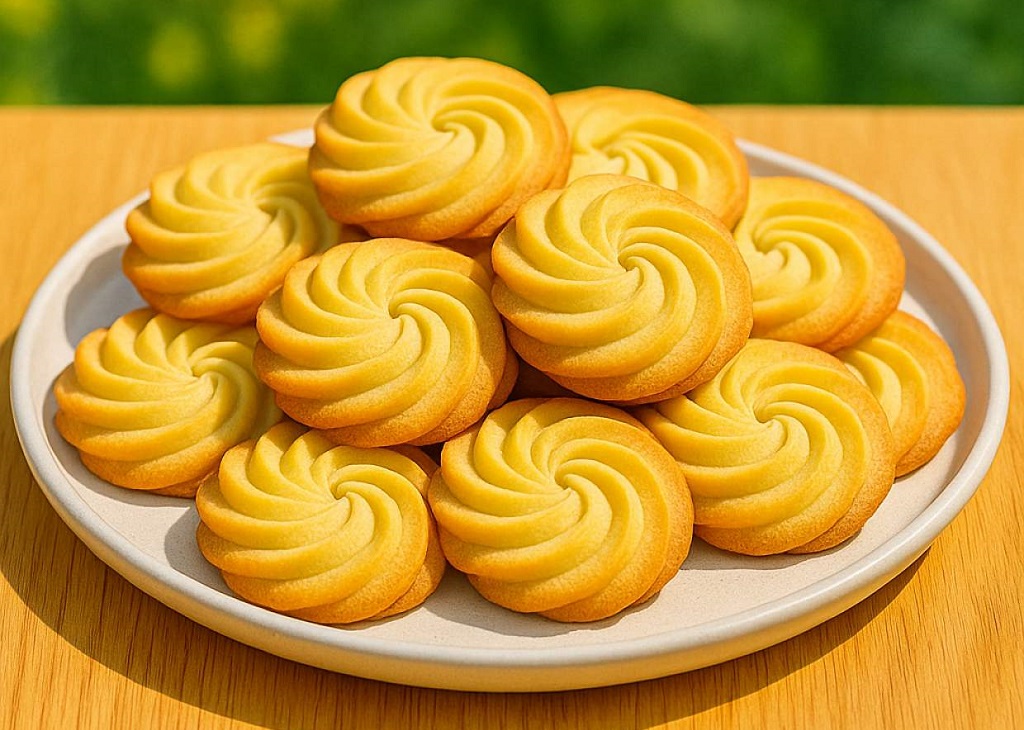 Butter piped cookies arranged on a tray with golden edges and decorative swirls