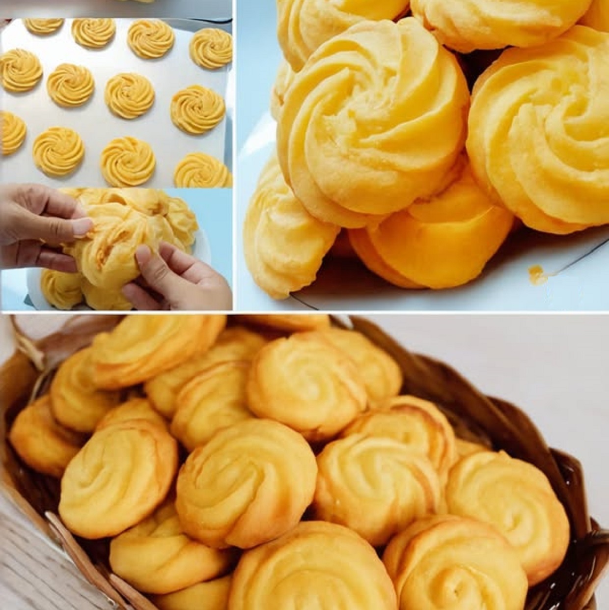 Butter piped cookies arranged on a tray with golden edges and decorative swirls