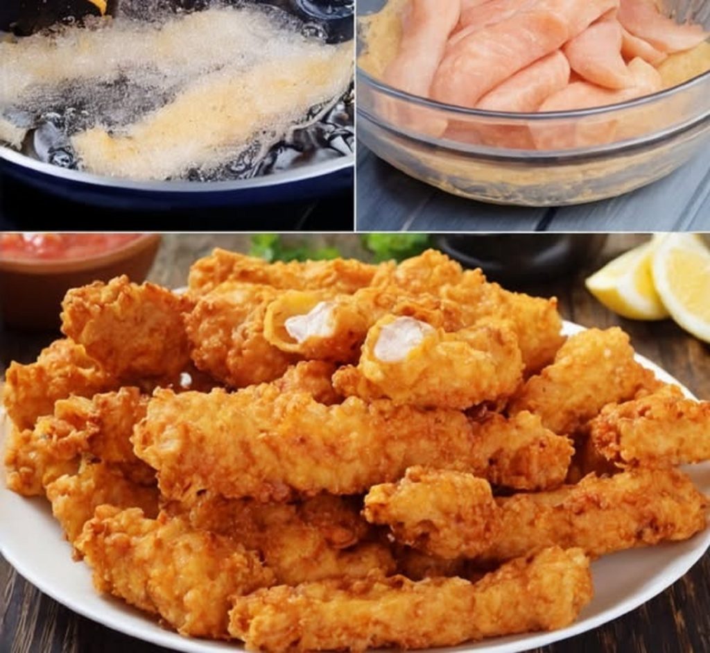 Crispy golden chicken strips on a white plate