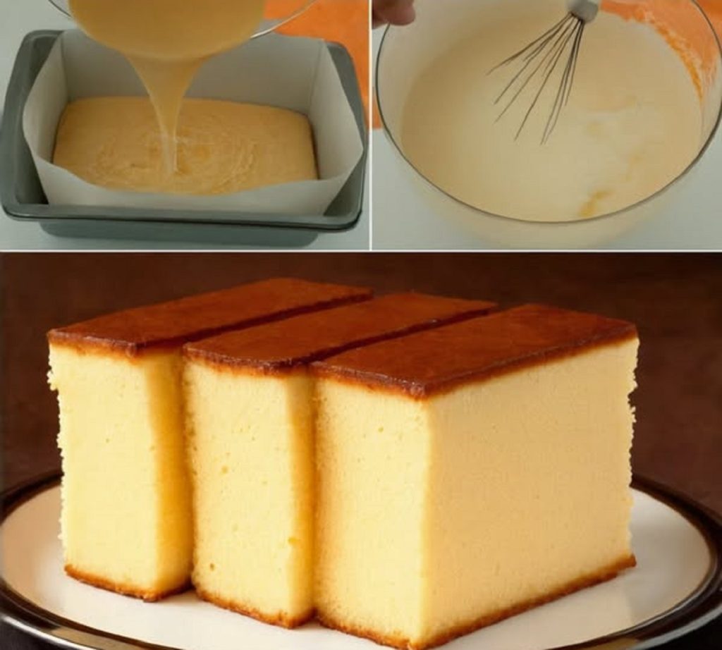 Elegant Castella Cake on wooden table, showcasing its fluffy texture and minimalist decoration.