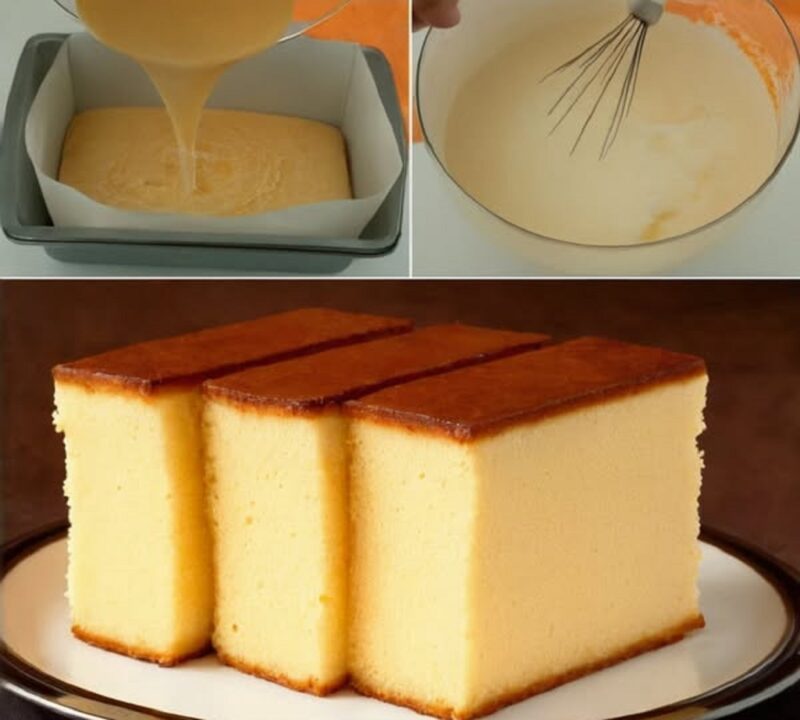 Elegant Castella Cake on wooden table, showcasing its fluffy texture and minimalist decoration.