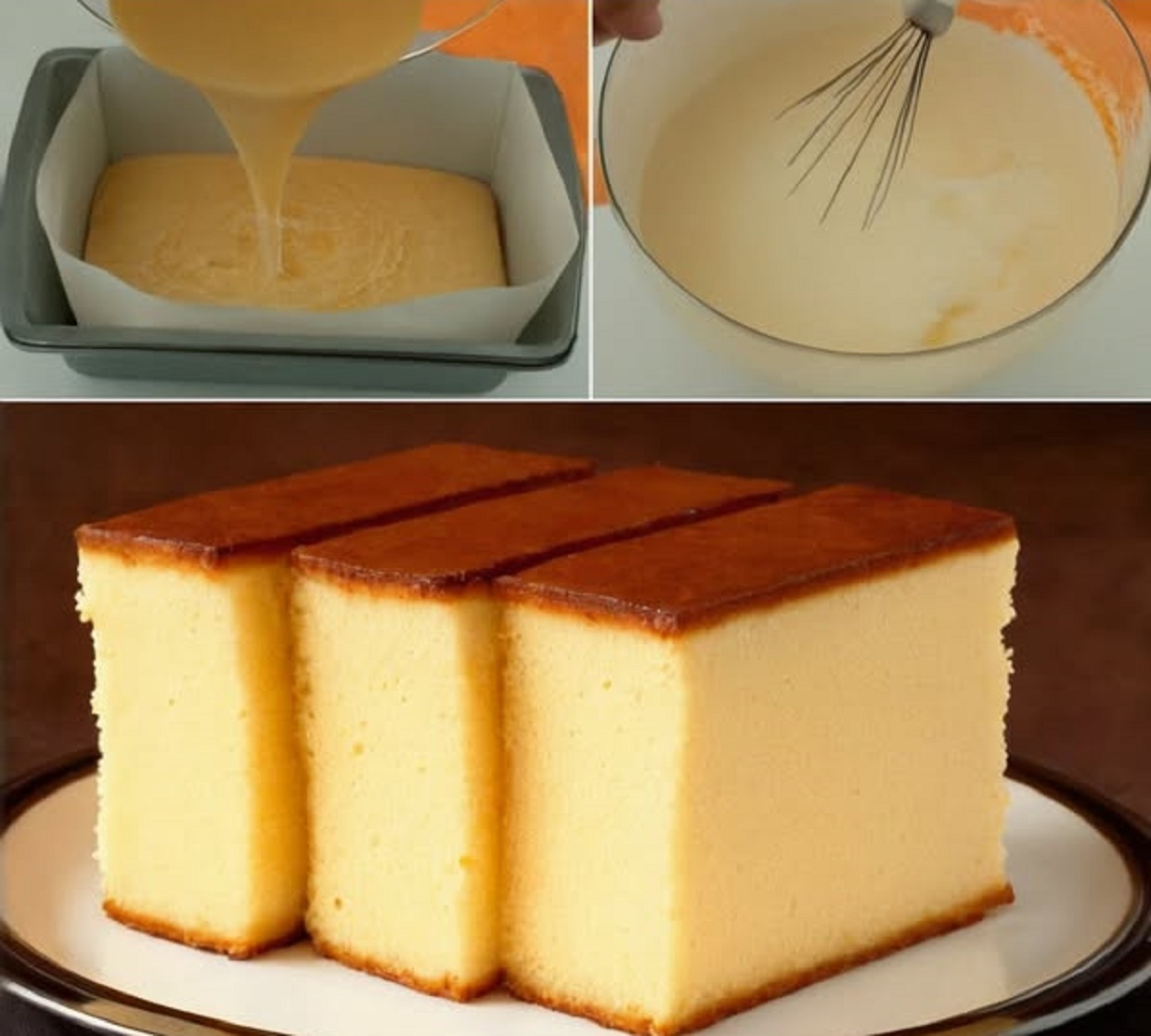 Elegant Castella Cake on wooden table, showcasing its fluffy texture and minimalist decoration.