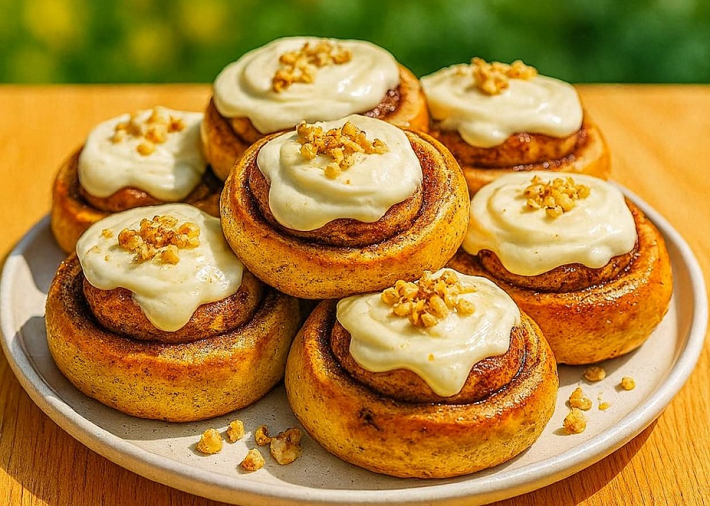 Freshly baked cinnamon rolls with rich cinnamon filling on a cooling rack