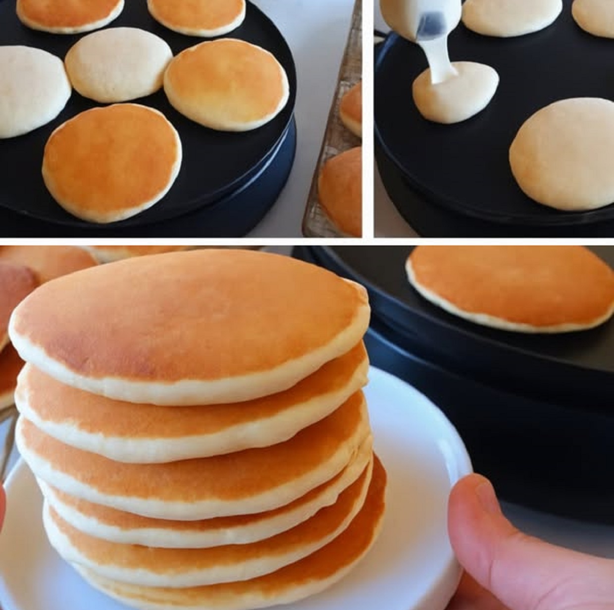 Fluffy homemade pancakes topped with blueberries and whipped cream