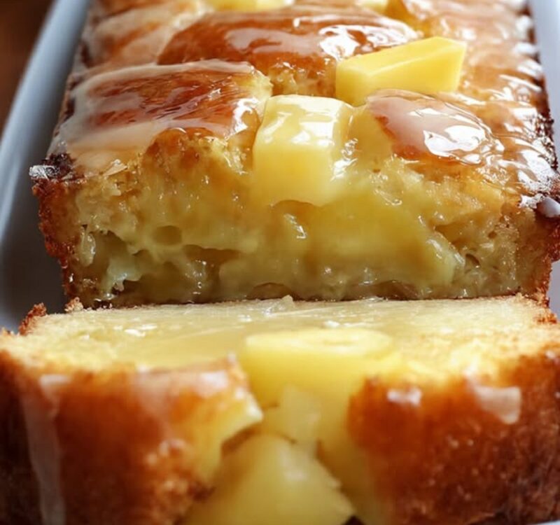Freshly baked Pineapple Quick Bread on a wooden cutting board