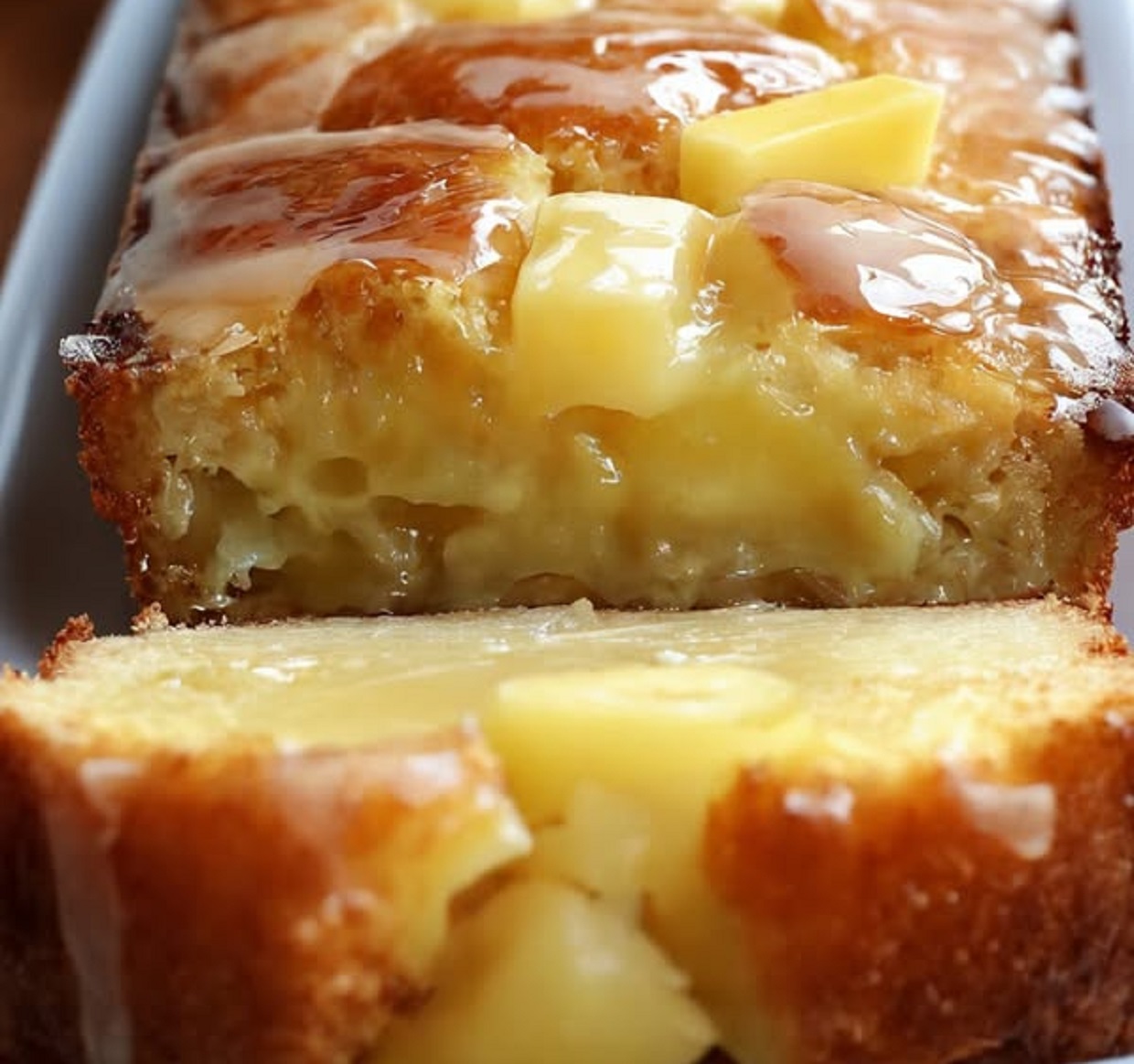 Freshly baked Pineapple Quick Bread on a wooden cutting board