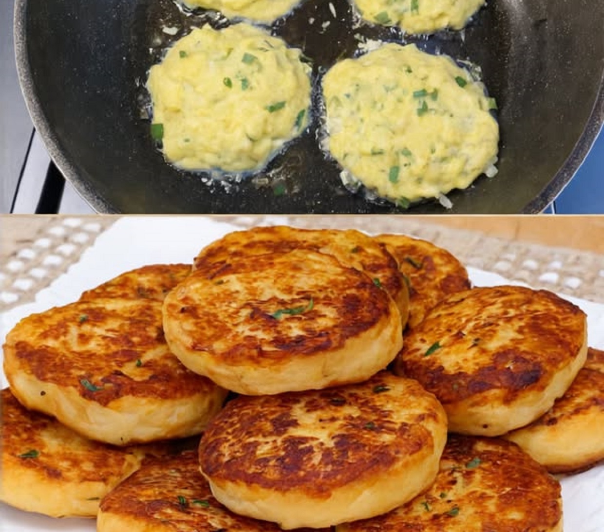 Crispy golden potato onion pancakes on a serving plate