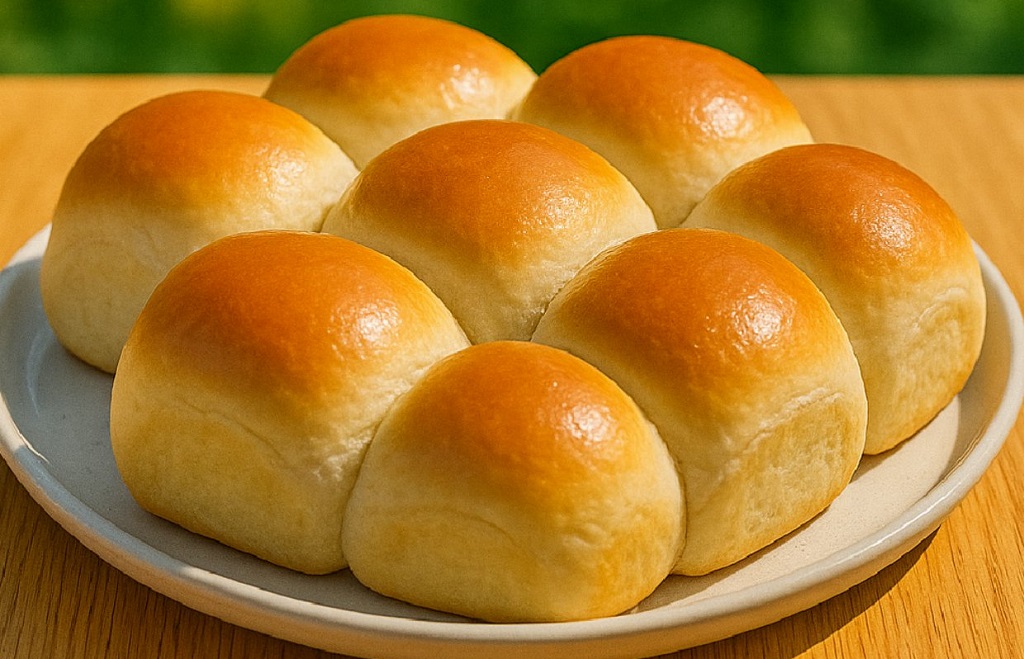 Freshly baked Amish dinner rolls brushed with melted butter