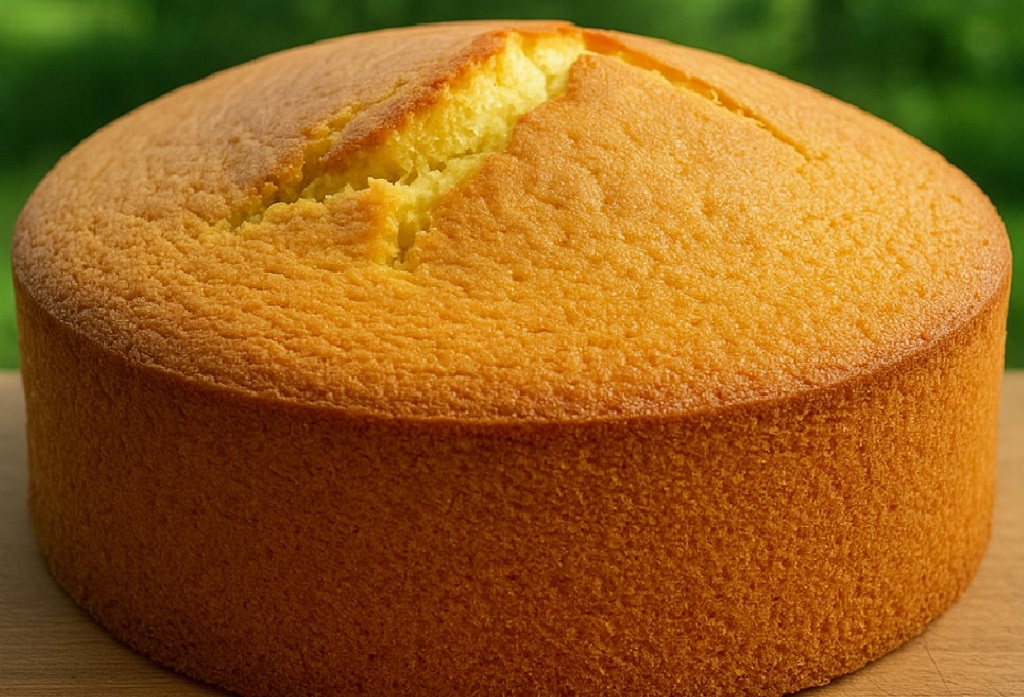 Sliced 3 ingredient sponge cake on white plate with powdered sugar dusting