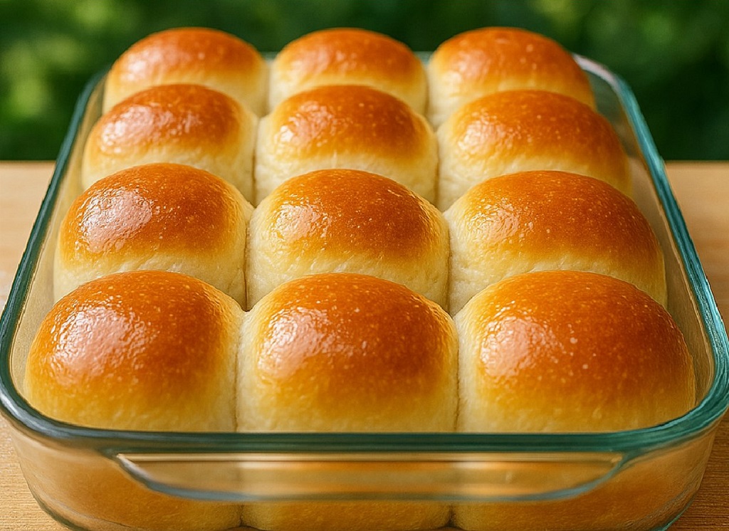 Freshly baked Amish dinner rolls brushed with melted butter
