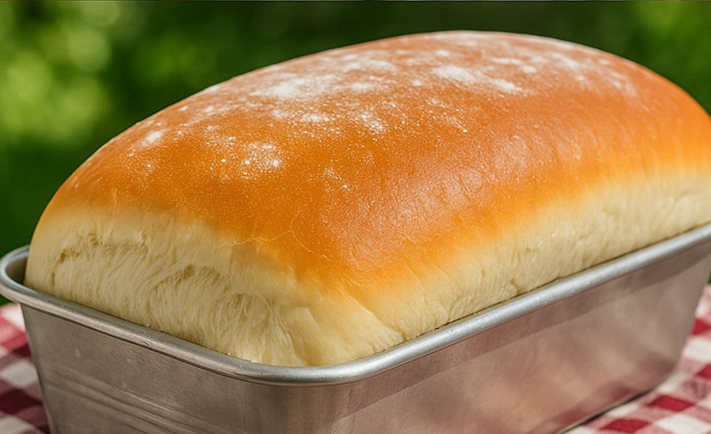 Sliced Amish white bread loaf with golden crust on a wooden board