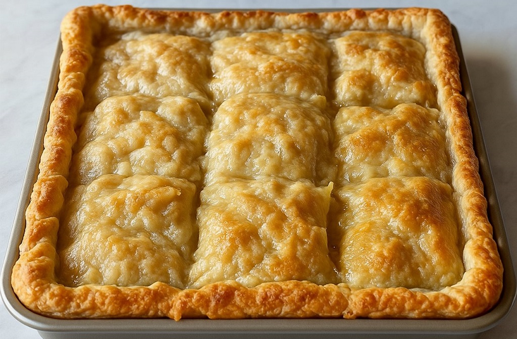 Freshly baked apple slab pie with golden crust and spiced apple filling