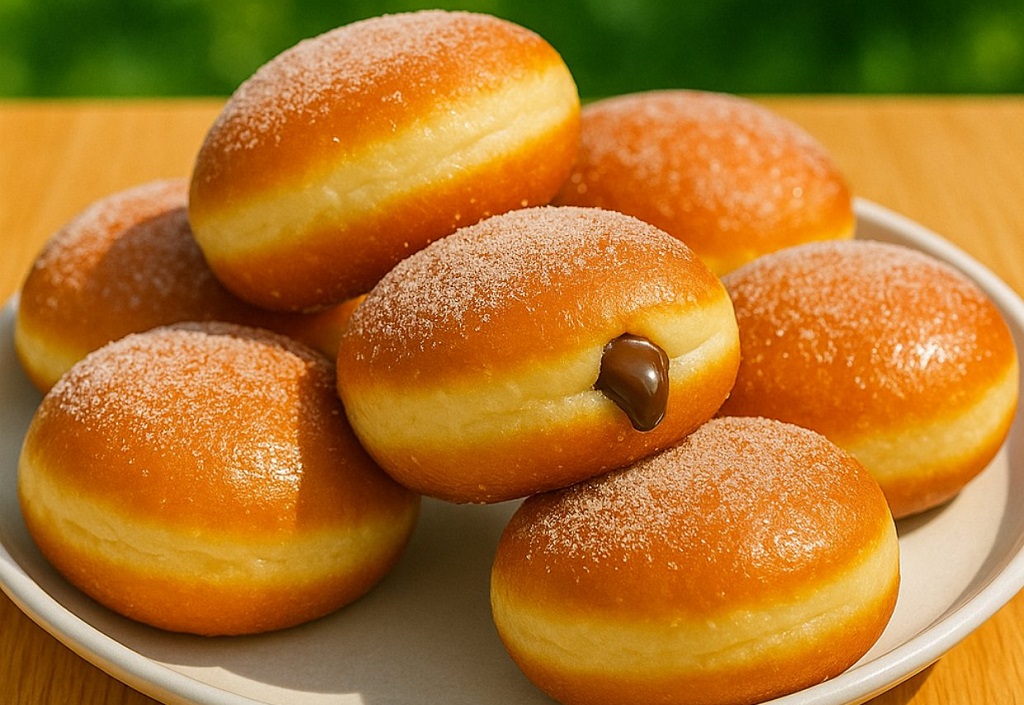 Baked Polish Paczki filled with jam and dusted with sugar