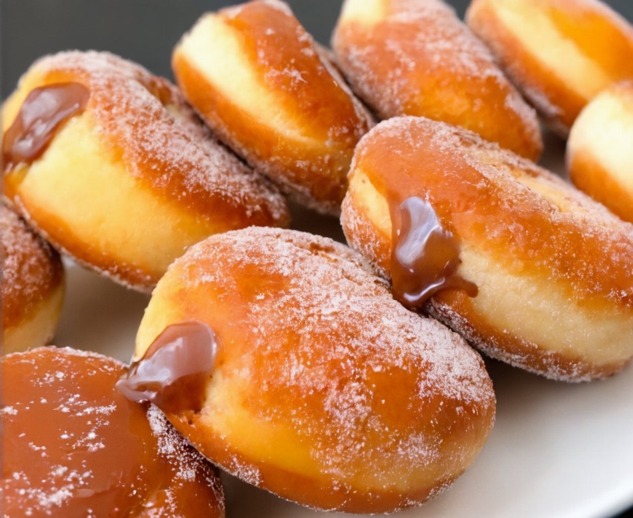 Baked Polish Paczki filled with jam and dusted with sugar