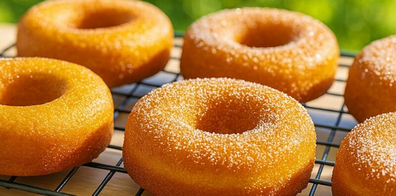 Fluffy baked pumpkin donuts coated in cinnamon sugar on a cooling rack