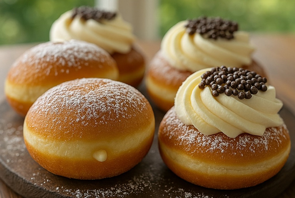Italian bomboloni donuts filled with pastry cream and dusted with powdered sugar