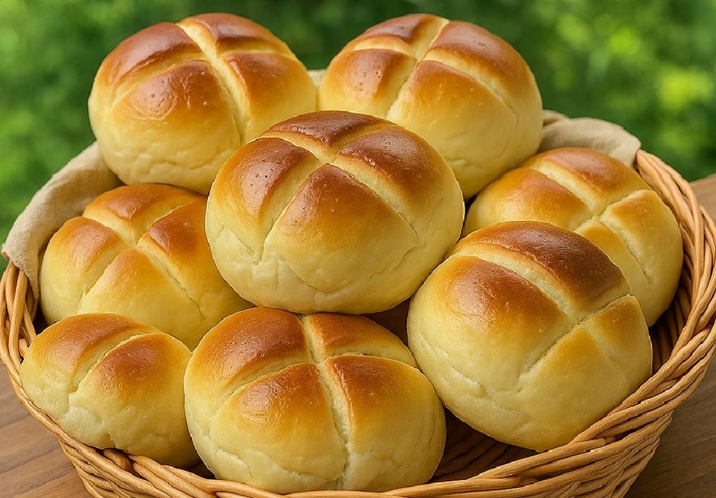 Golden brown fluffy bread rolls fresh from the oven on a baking tray