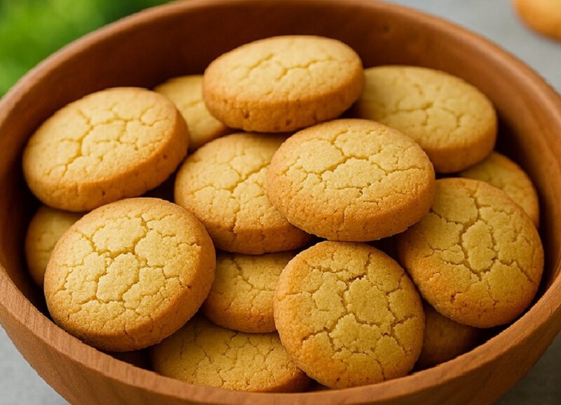 Fresh butter shortbread cookies arranged on a rustic wooden tray