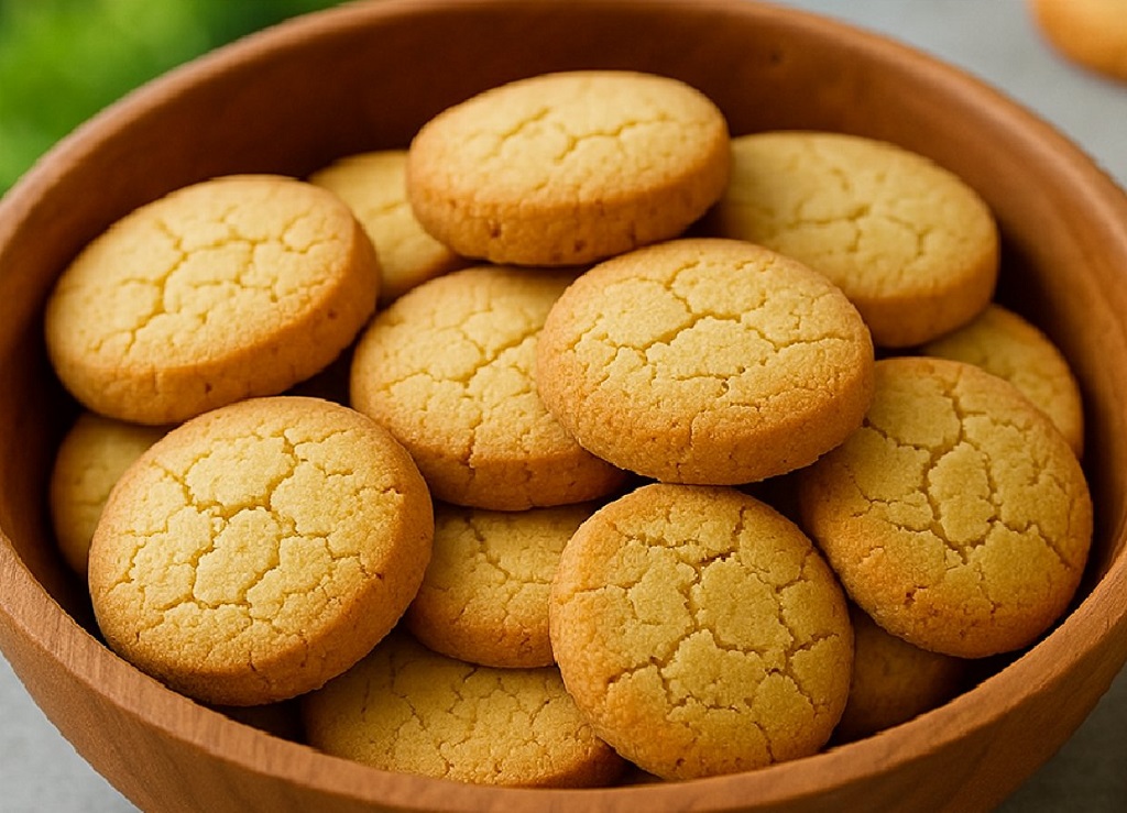 Fresh butter shortbread cookies arranged on a rustic wooden tray