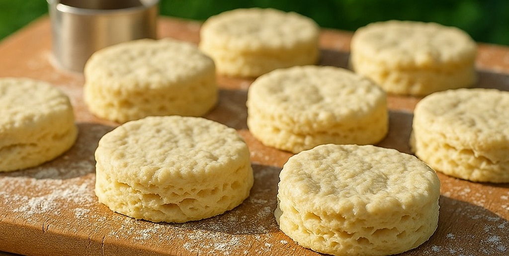 Golden buttermilk biscuits stacked on a baking tray with melting butter on top