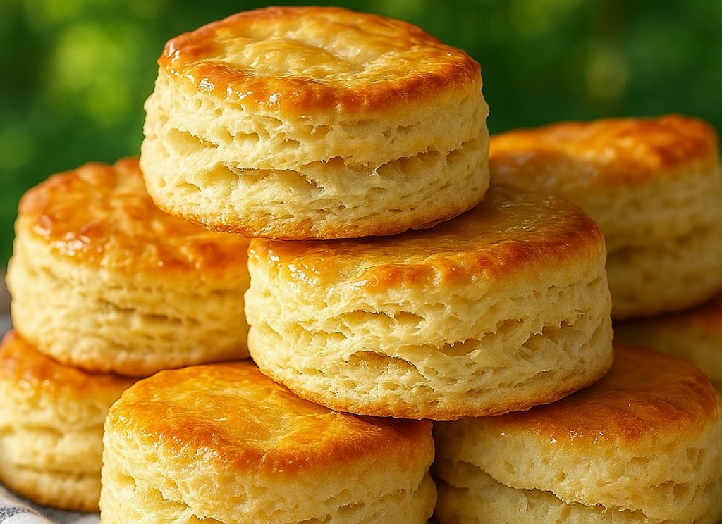 Golden buttermilk biscuits stacked on a baking tray with melting butter on top