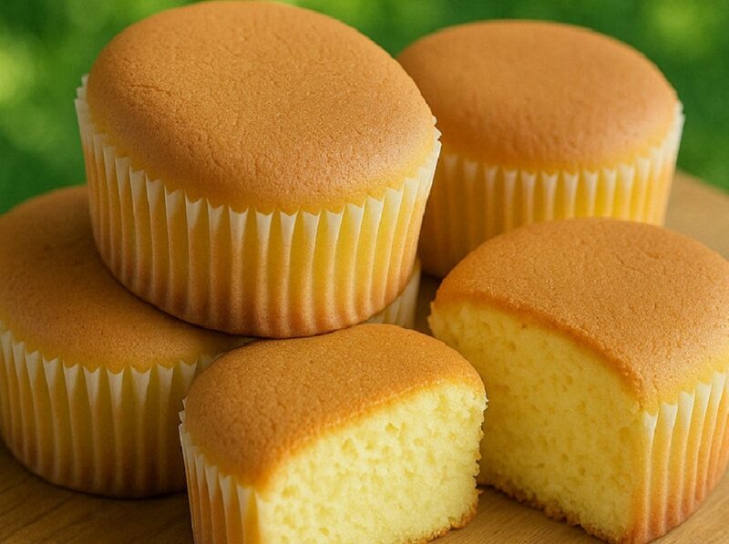 Fluffy Castella sponge cake with a golden crust sliced neatly on a wooden board