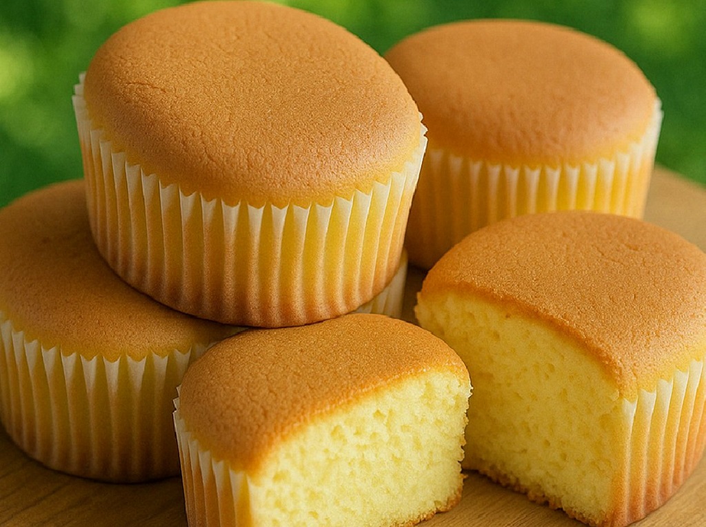 Fluffy Castella sponge cake with a golden crust sliced neatly on a wooden board