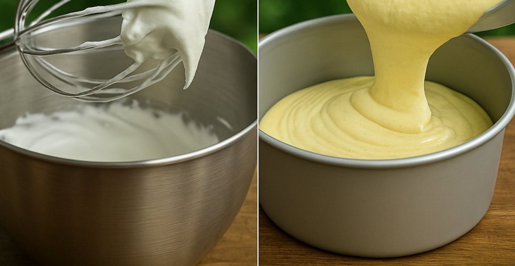 Light and fluffy homemade chiffon cake cooling upside down in a tube pan