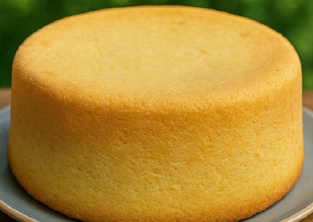 Light and fluffy homemade chiffon cake cooling upside down in a tube pan