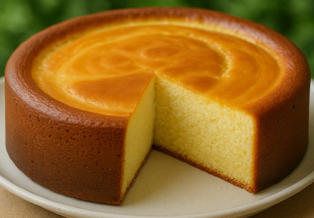 Soft condensed milk cake with caramelized top sliced on a white plate