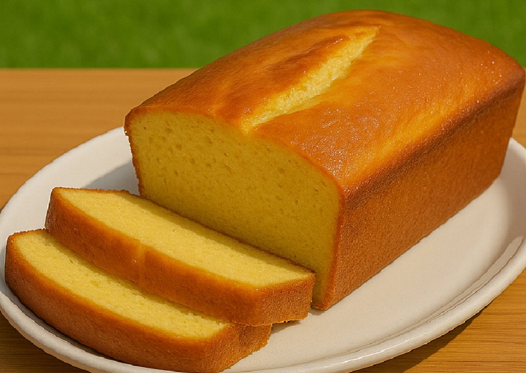 Freshly baked condensed milk cake sliced on a white plate with a dusting of powdered sugar
