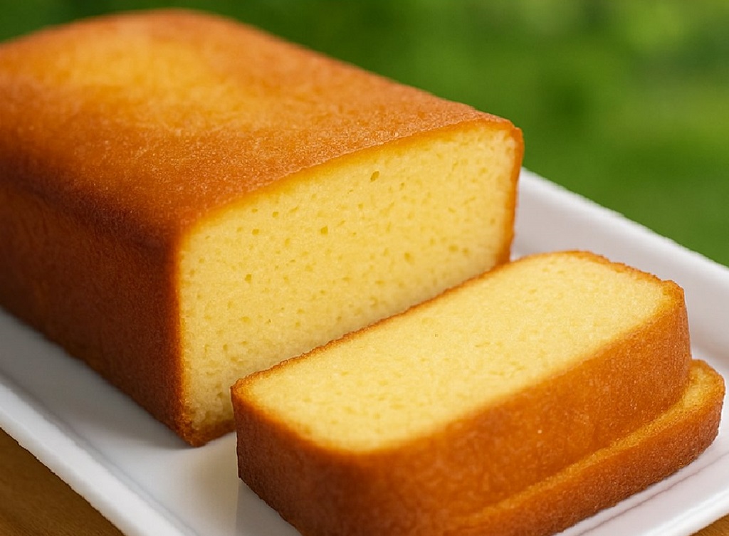 Freshly baked condensed milk cake sliced on a white plate with a dusting of powdered sugar