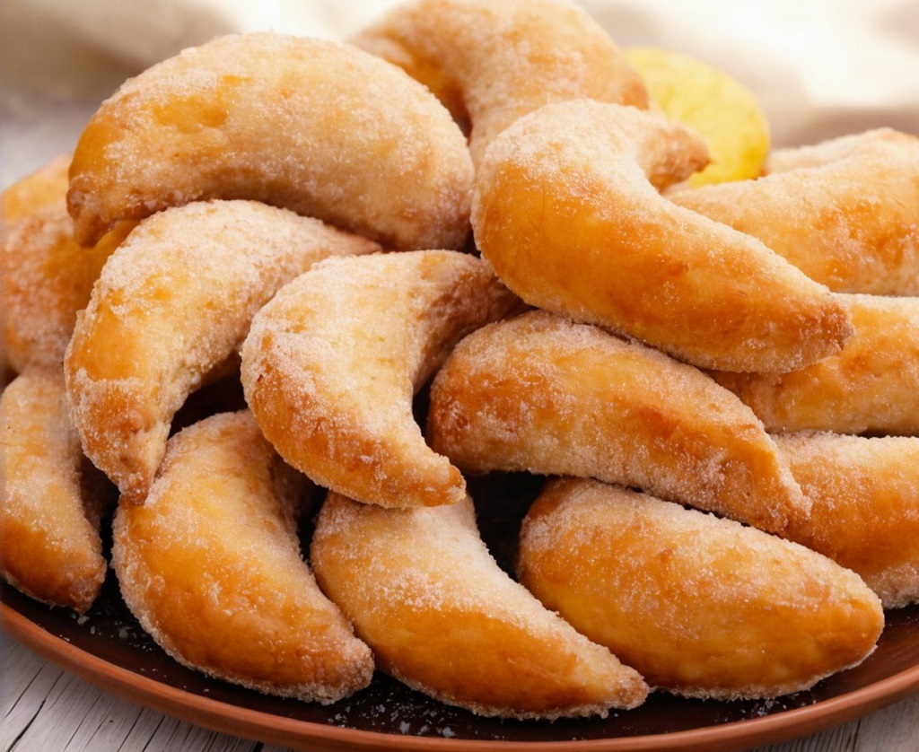 Homemade crescent donuts dusted with powdered sugar on a cooling rack