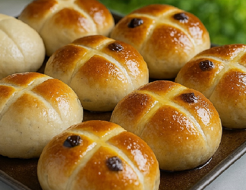 Soft hot cross buns cooling on a wire rack with flour crosses