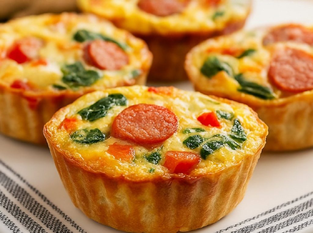 Easy Sausage and Spinach Quiche Muffins in a muffin tin