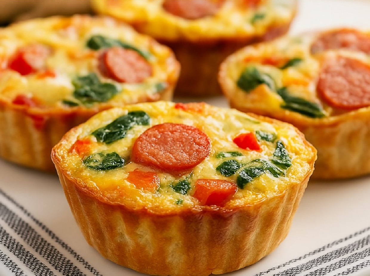 Easy Sausage and Spinach Quiche Muffins in a muffin tin